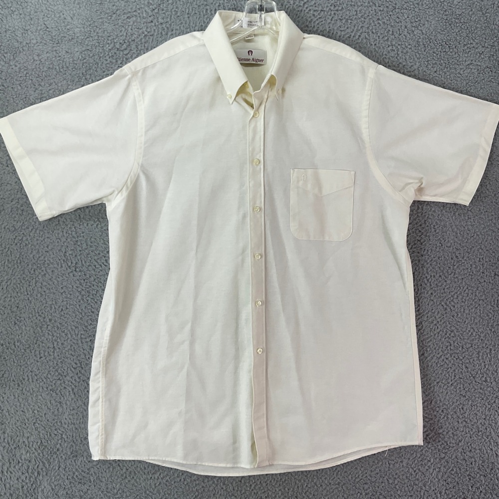 Etienne Aigner Button Down Shirt Men 16.5 Cream Excellent Vintage Short Sleeve
